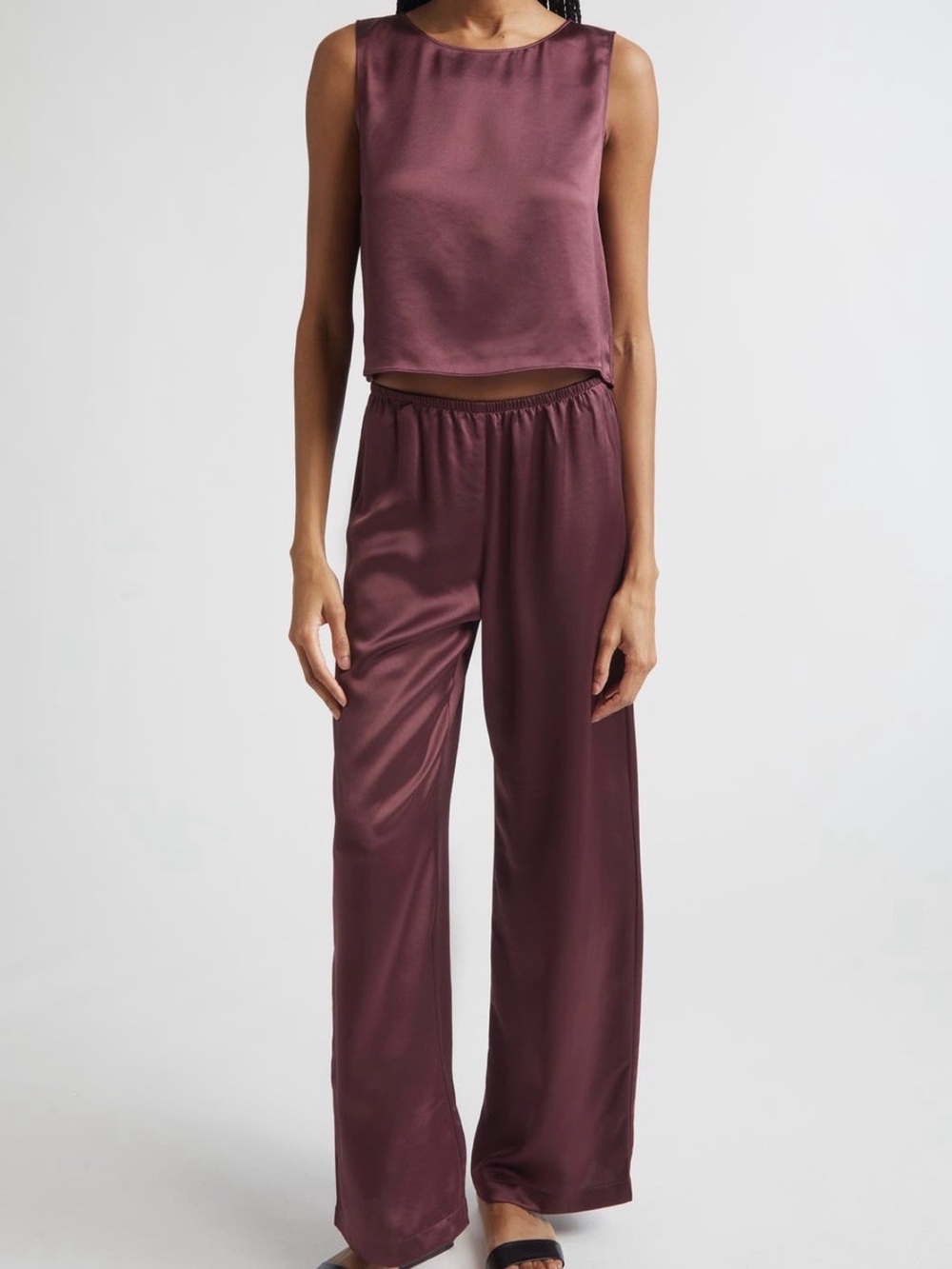 LESET Barb Wide-Leg satin Pants in Malbec